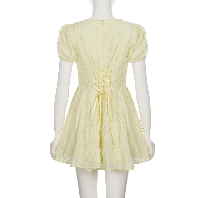 Charming Solid Cotton Mini Vee Neckline Low-Waist Dress