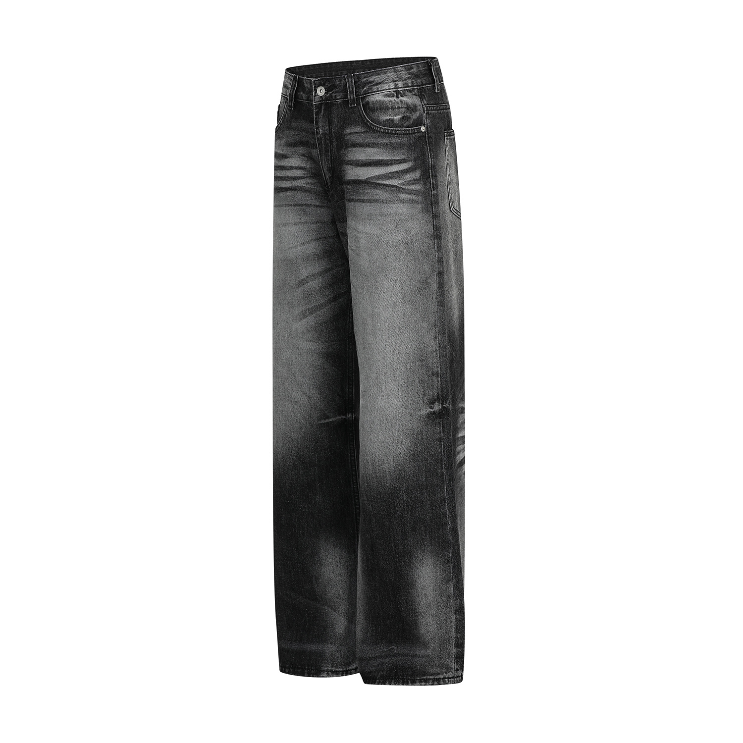 Retro Street Style Cat Whisker Pattern Loose Fit Men's Washed Black Flare Jeans