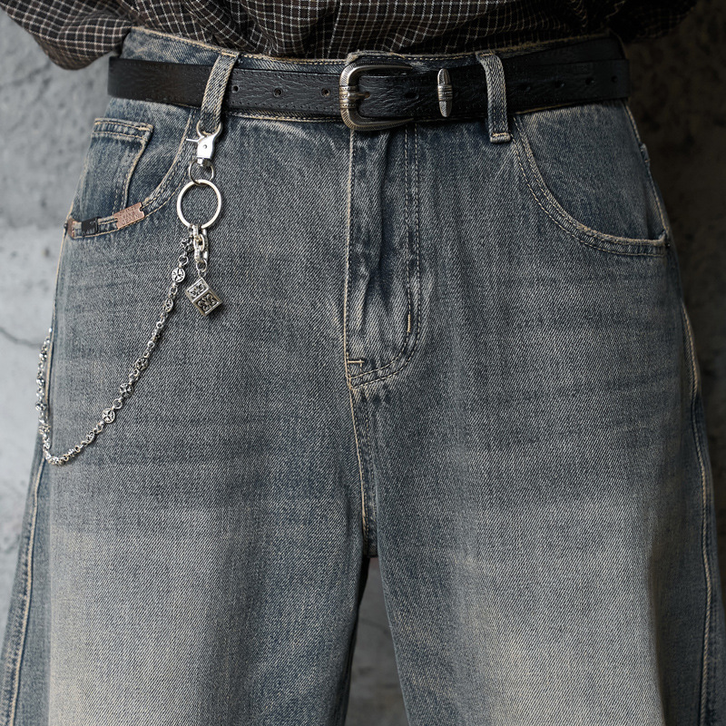 Washed Gradient Knife-Edge Denim Pants Men Streetwear High-Street Vibe Loose Straight Leg Wide Leg Pants