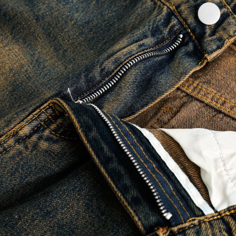 Washed Yellow Mud Color Distressed Loose Straight Leg Jeans