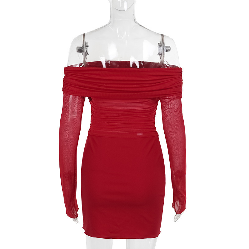 Asymmetrical Long Sleeve Sheer Ruched Side Vent Skirt