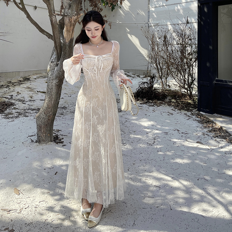 Square Neck Long Sleeve Polyester Maxi Dress