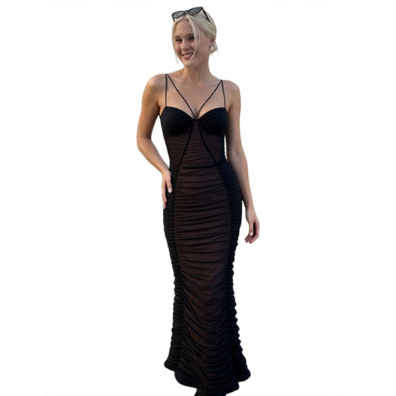 Plunging Sleeveless Spaghetti Strap Fluted Open Back Dress