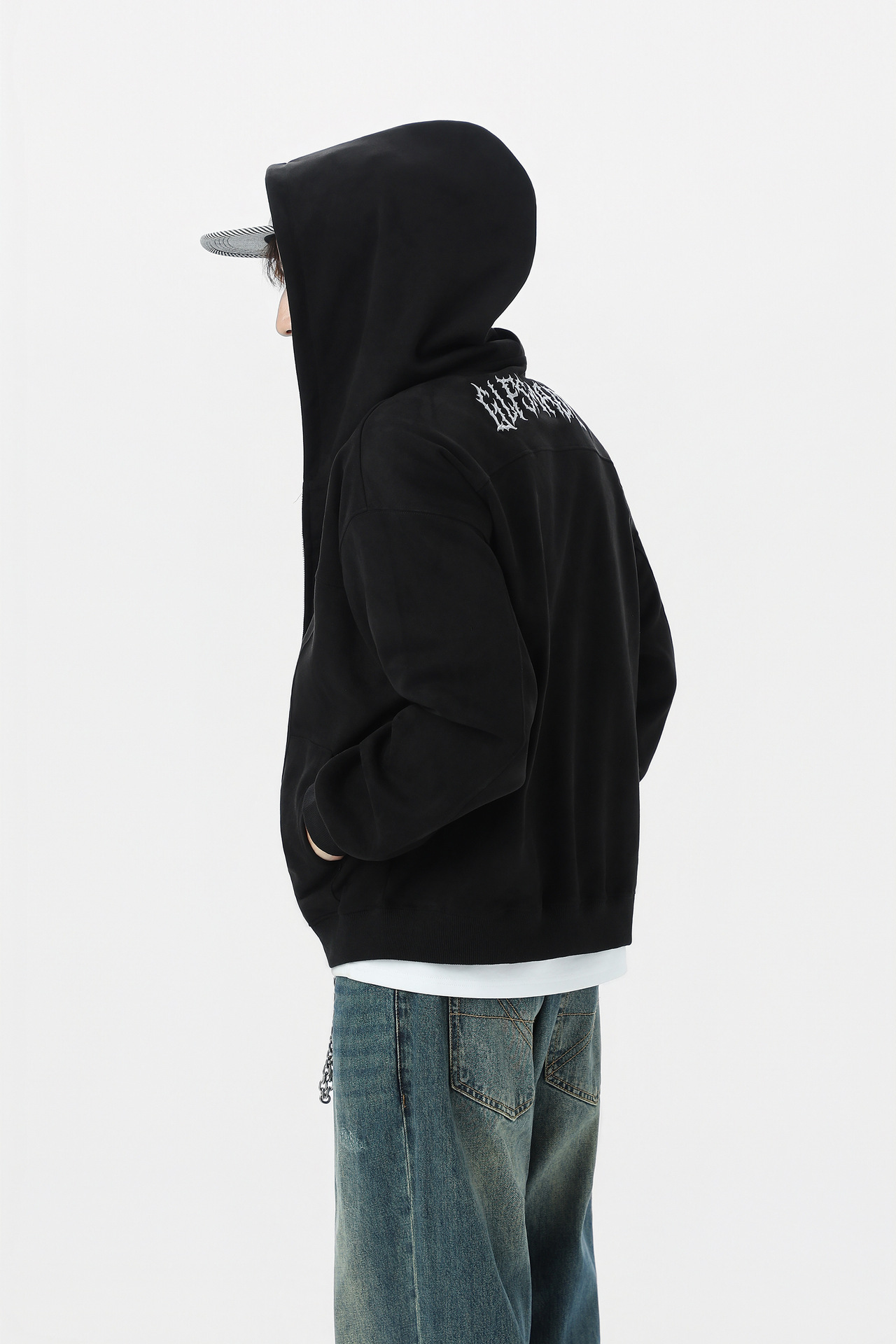 Retro Color-Block Letter Print Hooded Zip-Up Sweater