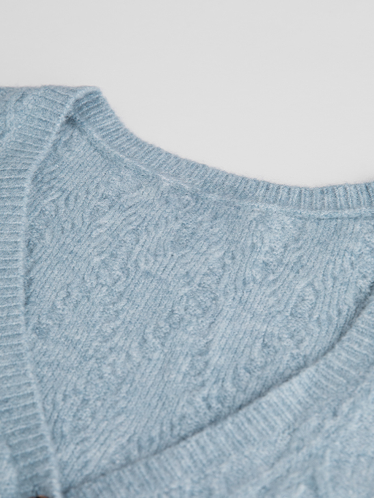 Plain Acrylic Plunge Puffed Button-Front Fitted Cardigan