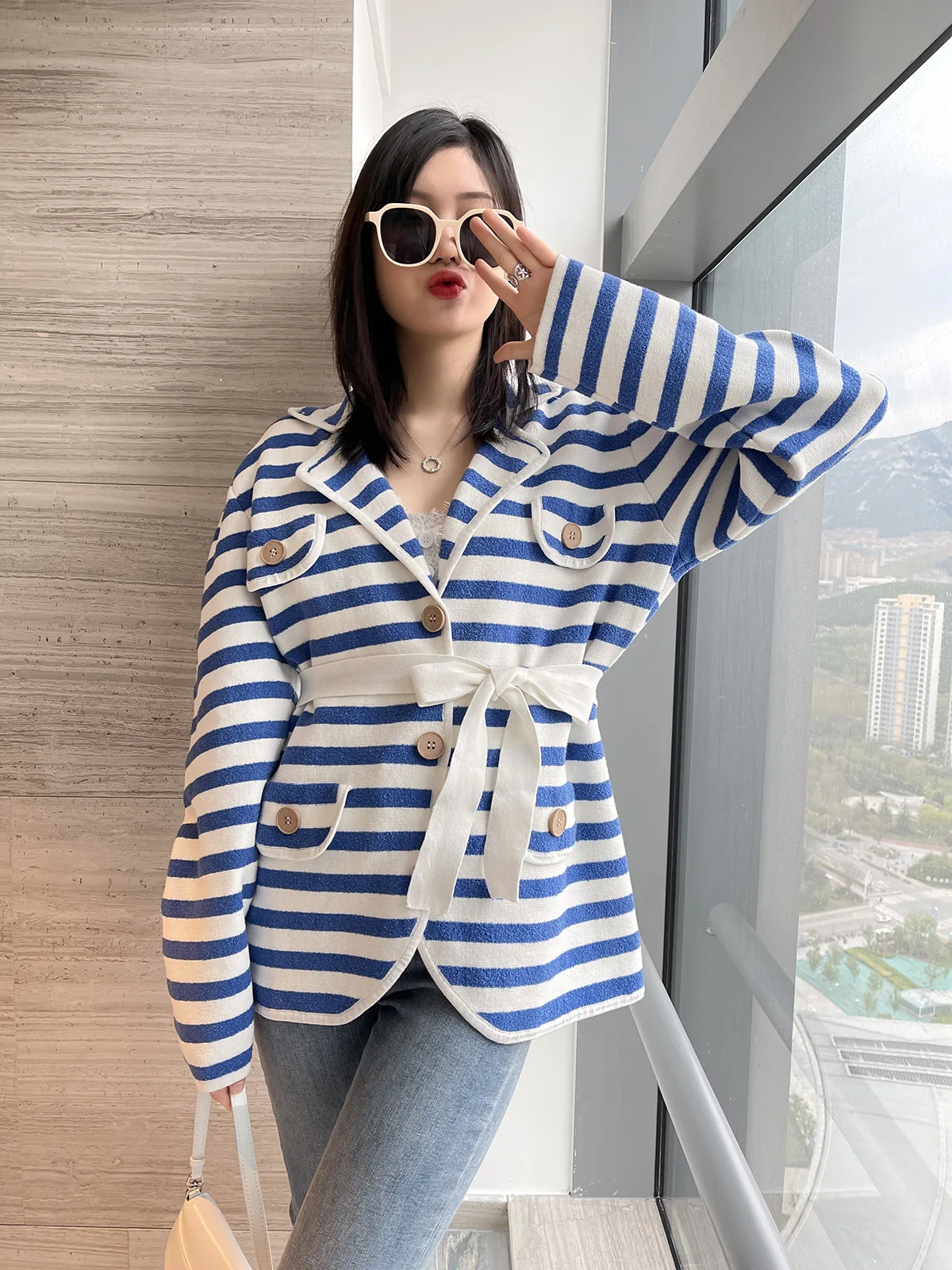 Ladies Relaxed Button Front Colorblock Cardigan