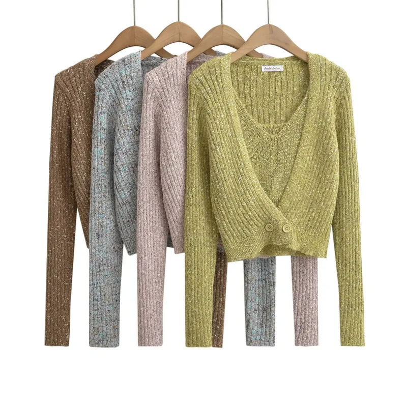 Plain Fall Polyester Fitted Layered Cardigan Vest Duo