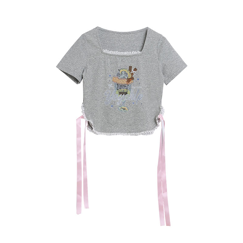 Sweet Printed Short Sleeve T-Shirt with Lace Trim Crop Top