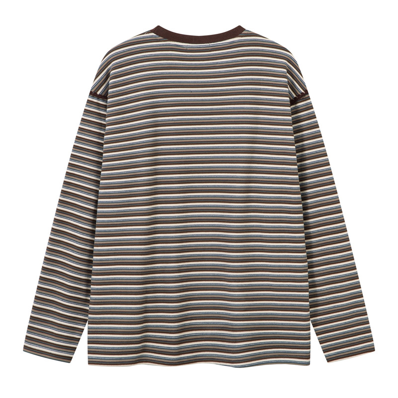 Retro Front Handmade Knitting Craft Round Neck Striped Long Sleeve T-Shirt Top College Style Couples Wear