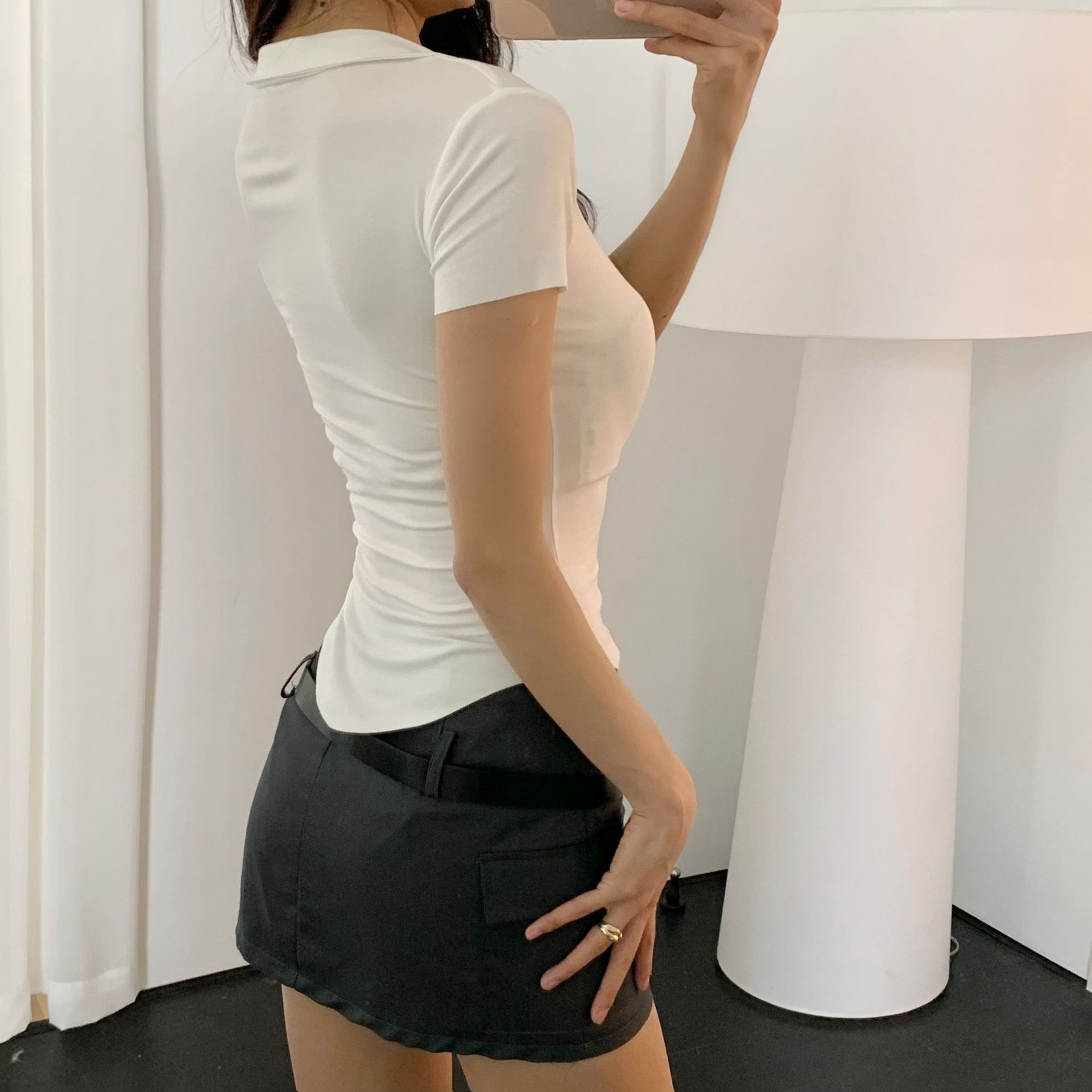 Plain Spandex Plunge Frayed Rounded Slim Tee