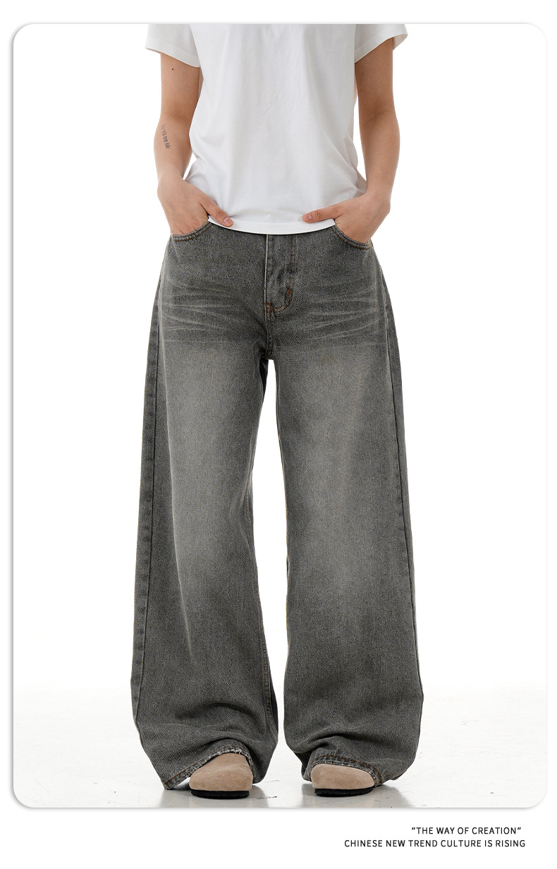 Grey Denim Pants for Men and Women Vintage Straight Leg Loose Casual Long Pants