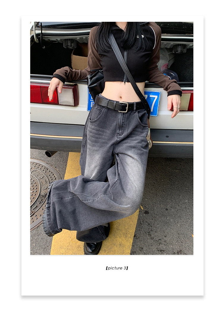 Women's Faded Black and Gray Denim Pants High-Waisted Loose Floor-Length Wide-Leg Trousers
