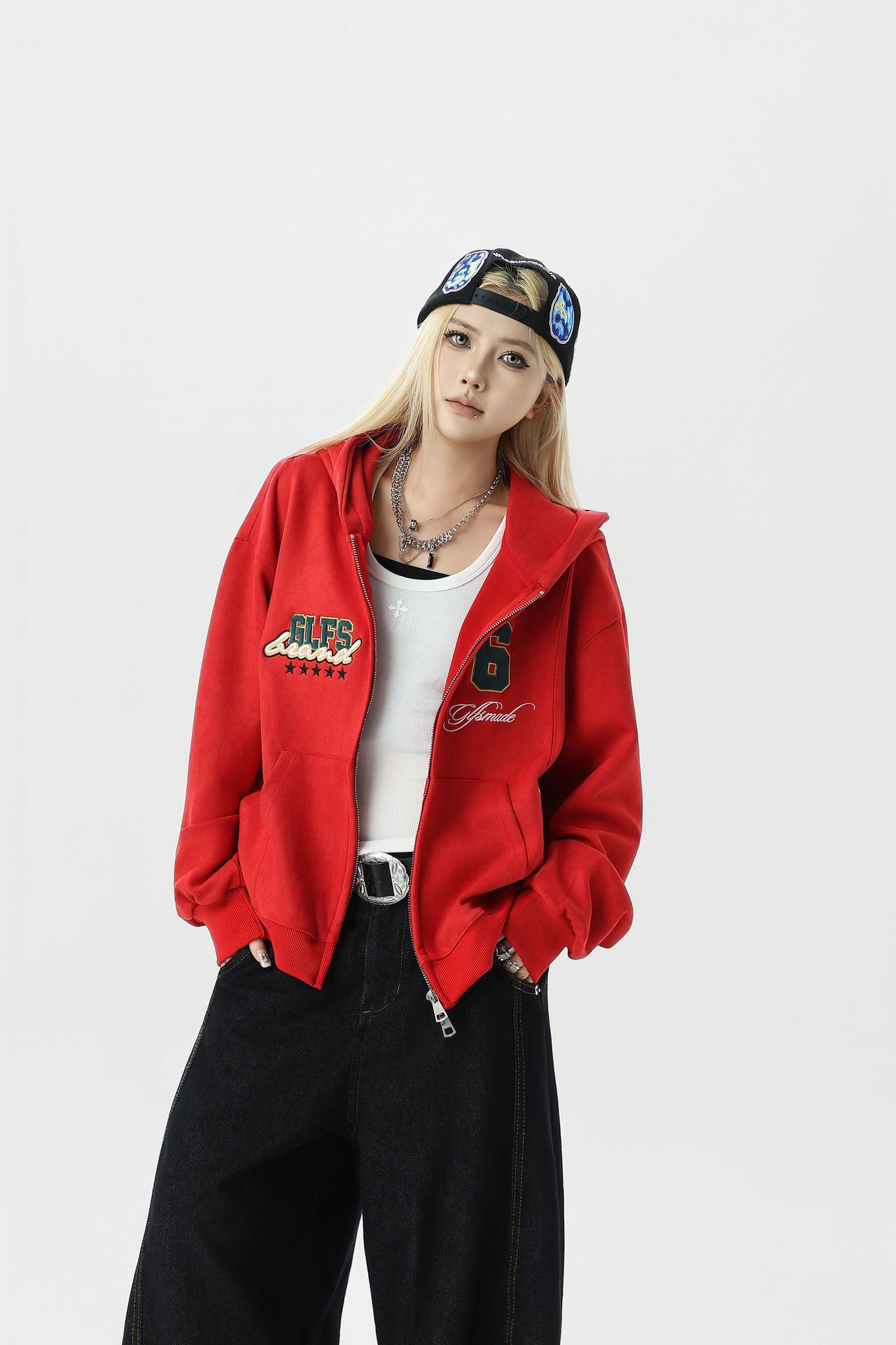 Streetwear Men Oversized Cropped Patterned Hood Zip Sweatshirt