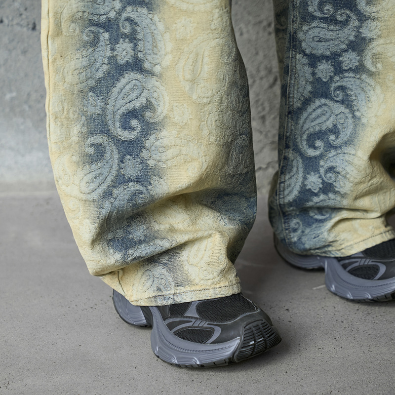 Street Washed Spray Monkey Jacquard Gradient Knife-Edge Denim Pants Men Women High-Quality Fashion Brand Wide-Leg Pants