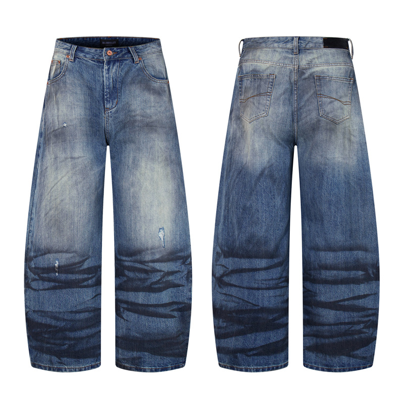 Street Style Vintage Distressed Washed Knife-Edge Denim Pants, Hip-Hop Casual Loose Ripped Straight Leg Jeans