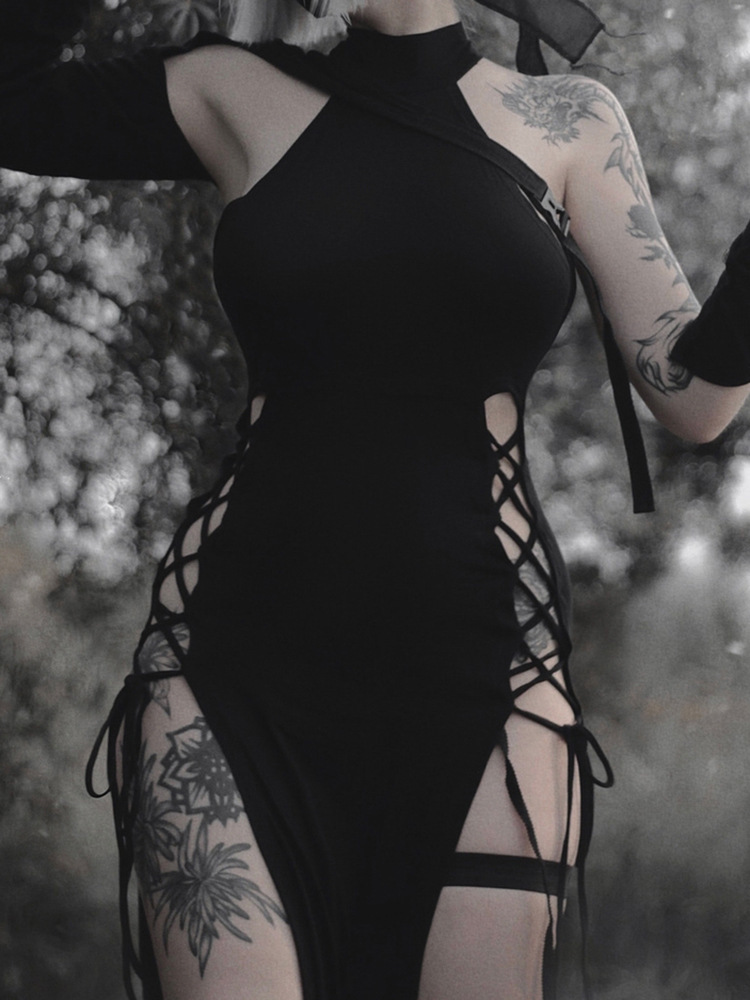 Cowl Cutout High-Waist A-Line Twin Split Dress
