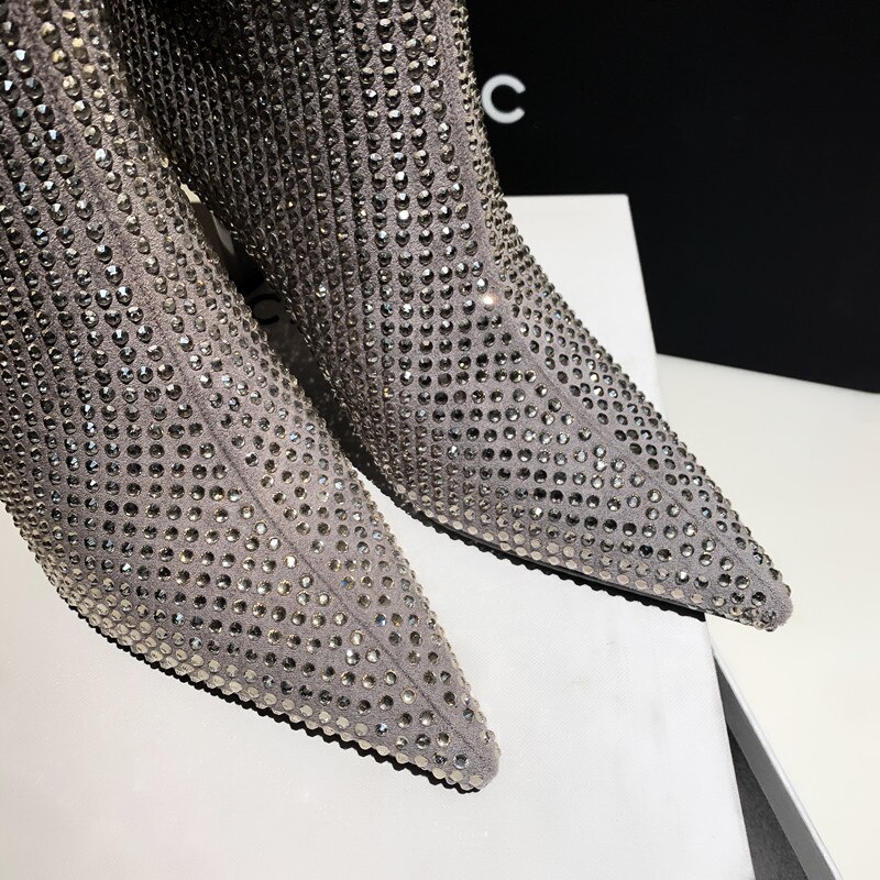 Women's Rhinestone High Heel Booties Fall New Pointed Toe Mid Boots 8.5cm High Heel Black Rhinestone Side Zipper Boots Size 39
