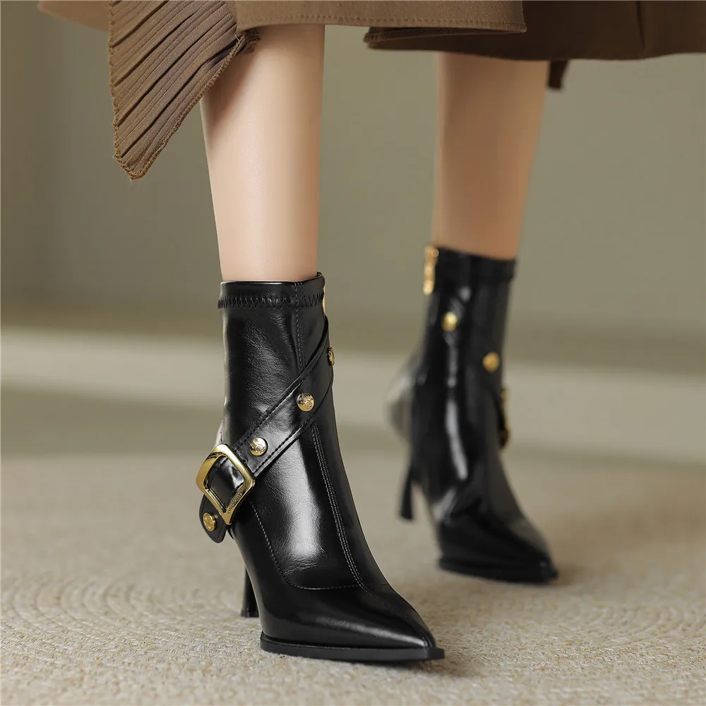 Pointed Toe Women Cow Leather Ankle Boots Thin Heels Zippers Solid Color Metal Rivet Dress Party Shoes