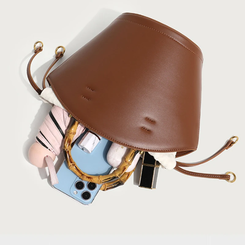 New design bucket bag fashion bamboo handle soft leather women bag single shoulder crossbody bag