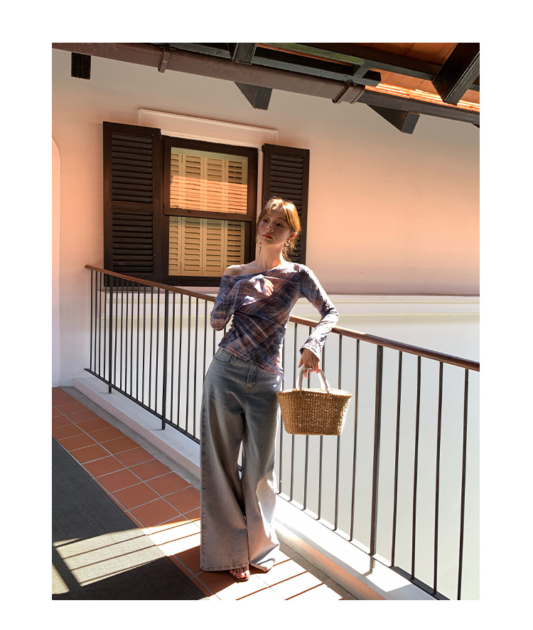 Retro Grid Diagonal Collar Fitted Long Sleeved Blouse
