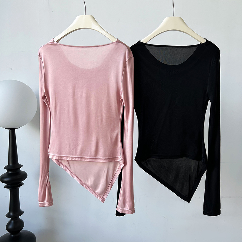 Women Slim Solid Cowl Neck Elongated Sleeve Tee