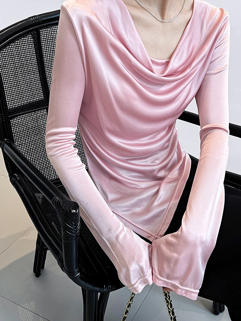 Women Slim Solid Cowl Neck Elongated Sleeve Tee
