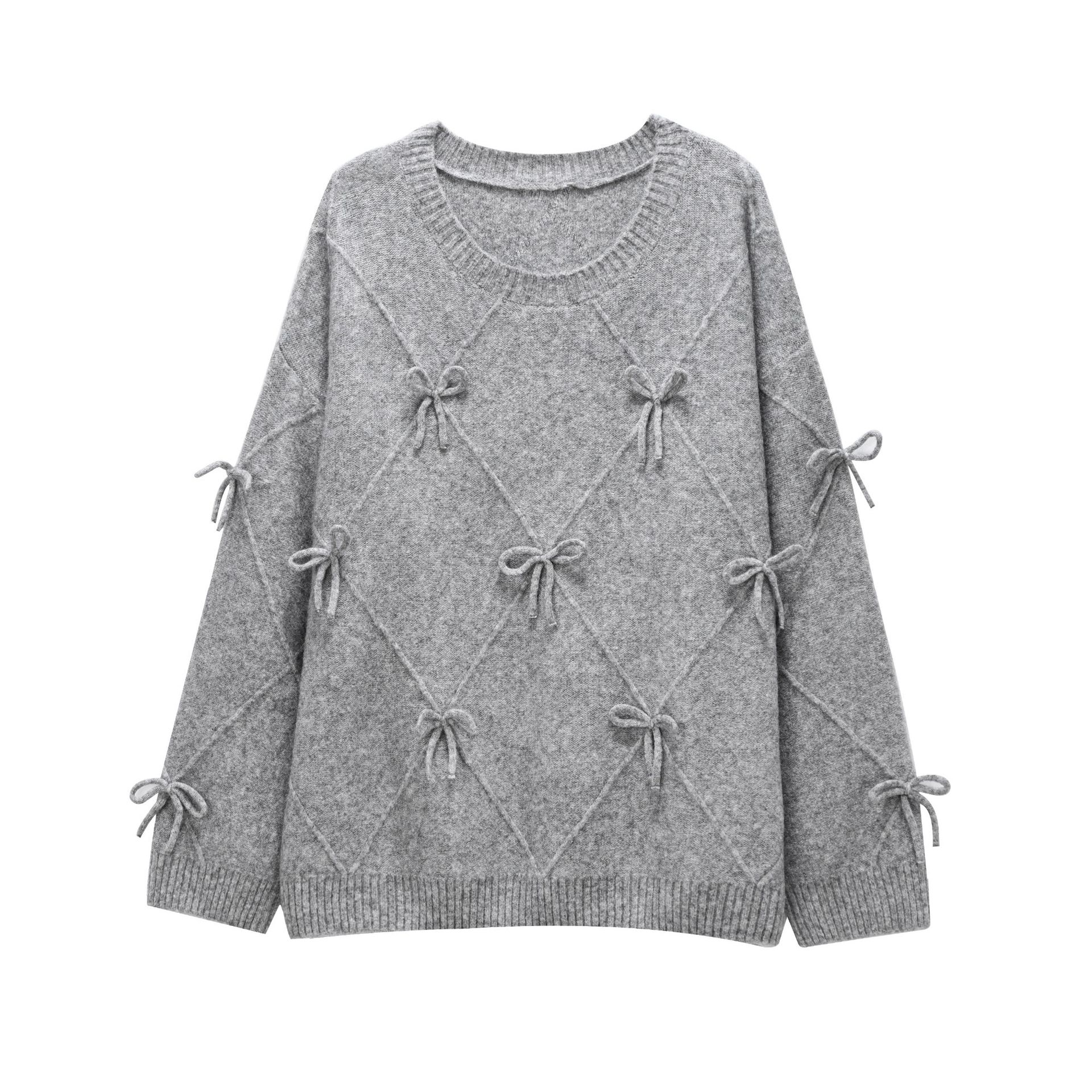 Ladies Solid Crew Ribbon Accent Sweater