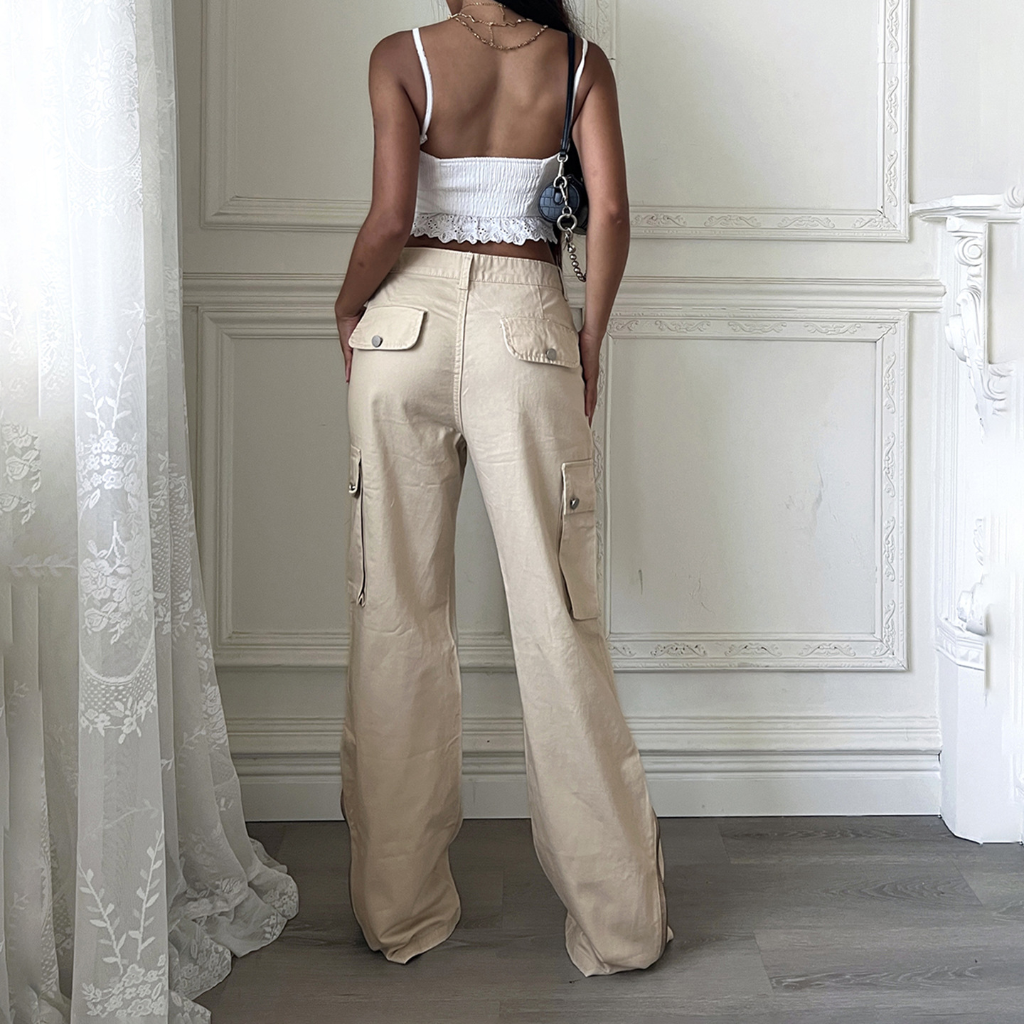 Retro zipper workwear casual wide leg slimming high waisted jeans