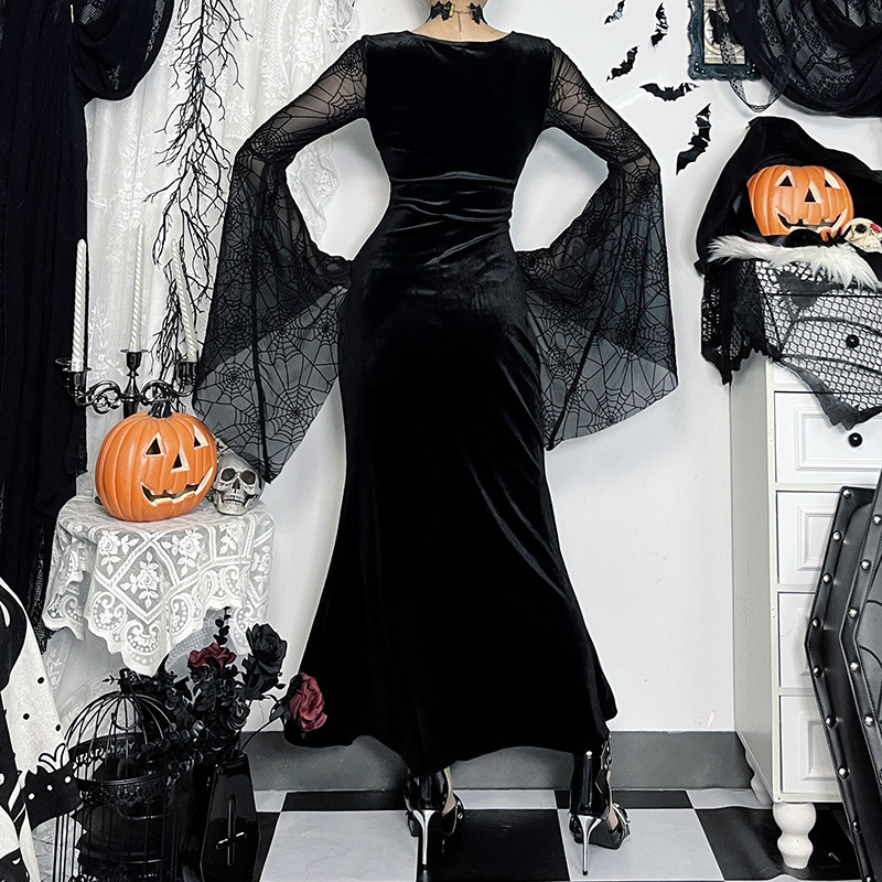 V-Neck High-Waist Spider Web Print Long Pencil Dress