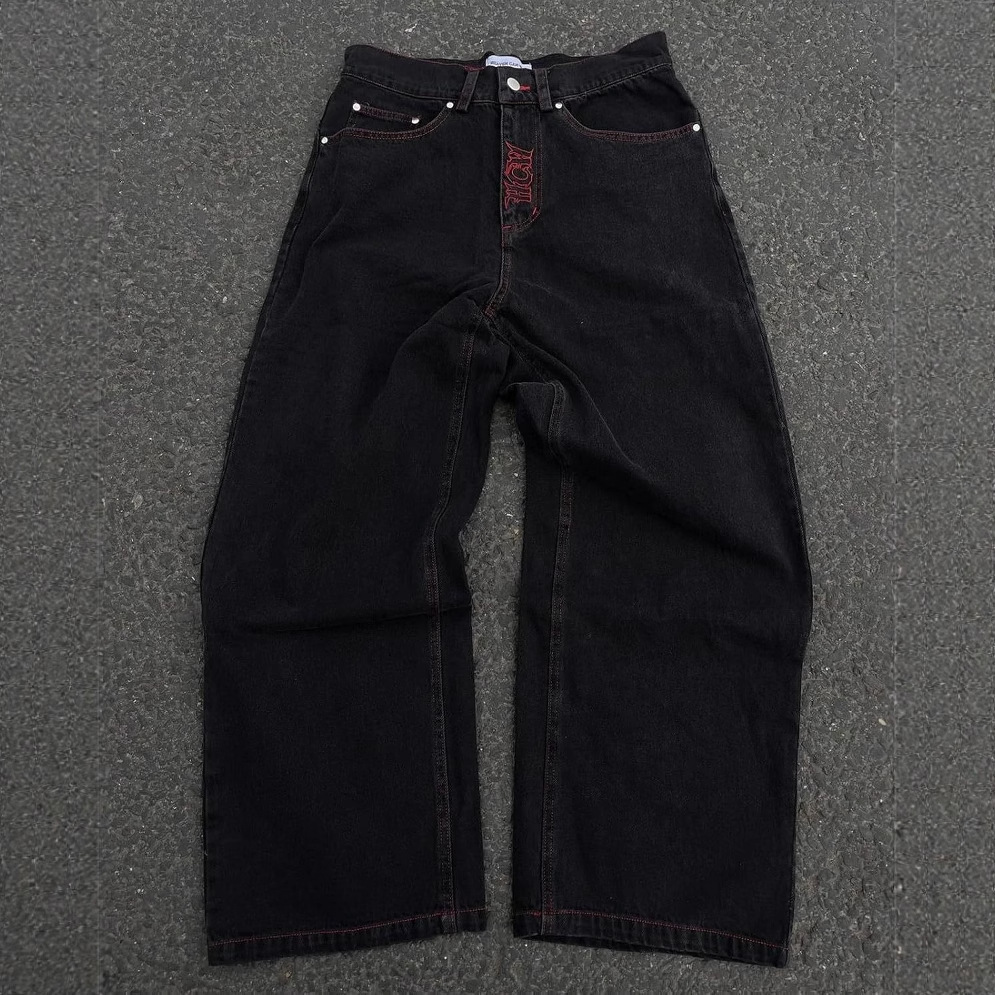 Retro hip-hop goth straight leg loose wide leg skeleton embroidered washed denim jeans for men