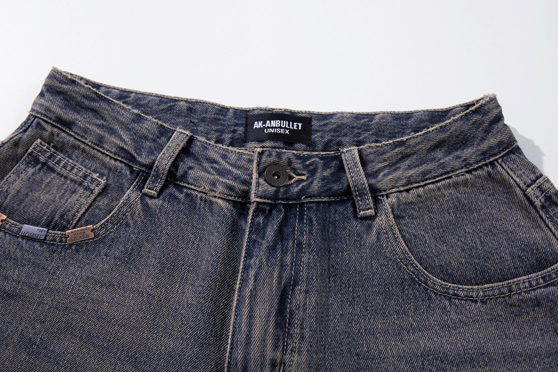 Washed Gradient Knife-Edge Denim Pants Men Streetwear High-Street Vibe Loose Straight Leg Wide Leg Pants