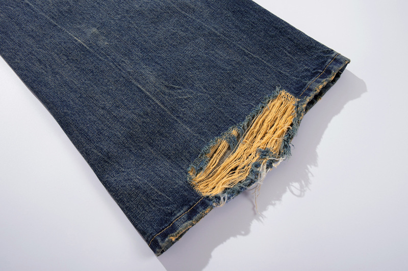 Washed Cat-Whisker Yellow Mud-Dyed Knife-Edge Jeans Women Cleanfit Washed Ripped Versatile Slightly Flared Pants