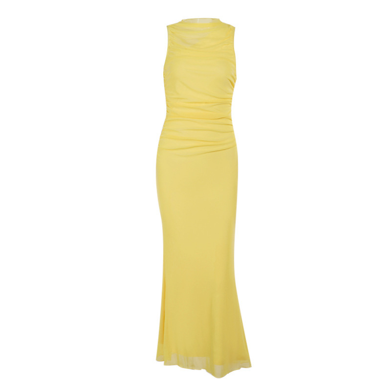 Plain Round Neck Sleeveless Fitted Sheer Polyester Dress