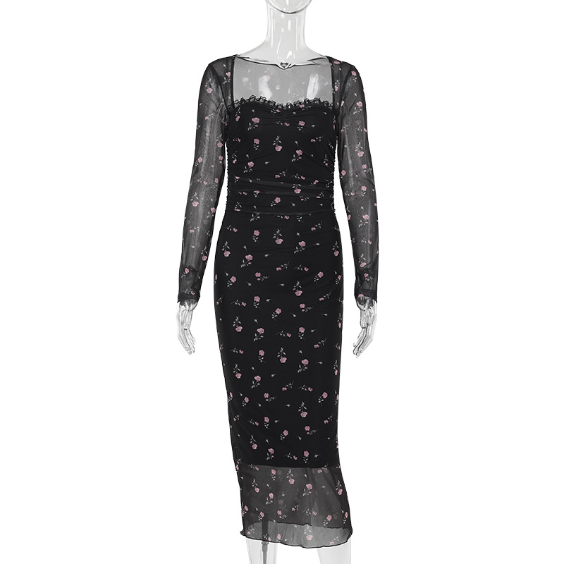 Vintage Square Neck Full-Sleeve Fitted Elastic Polyester Dress