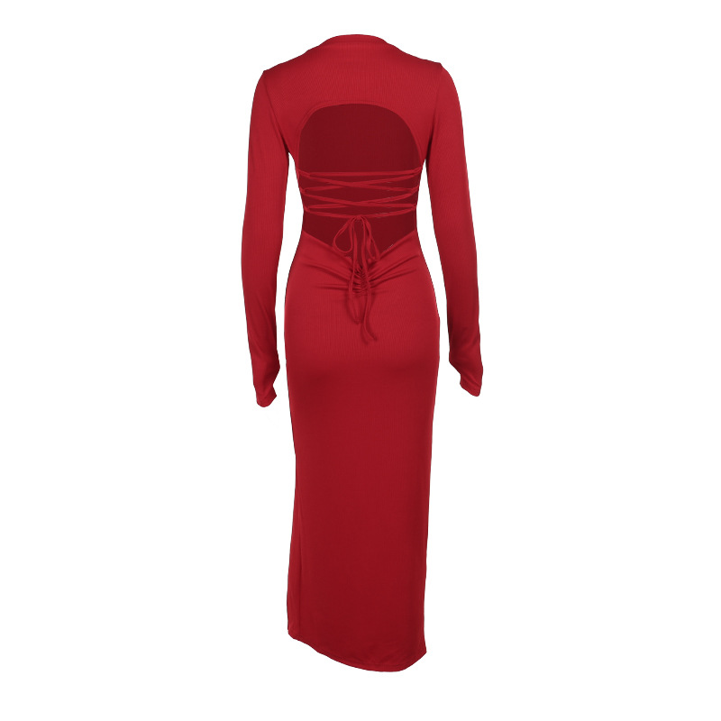 Round Neck Long Sleeve Open Back Polyester Dresses