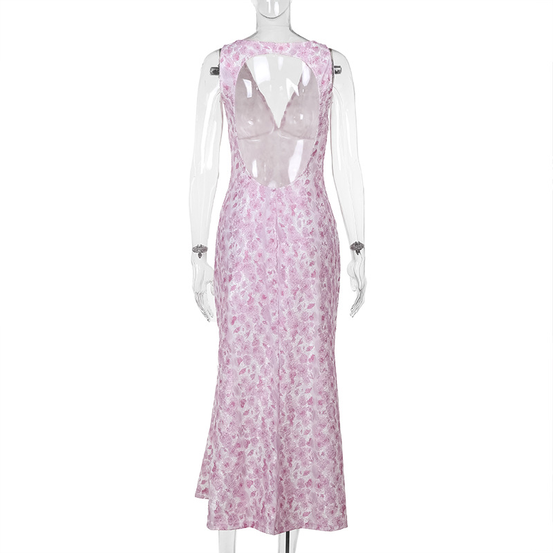 Sleeveless Floral Textured Pointed Neckline Dress