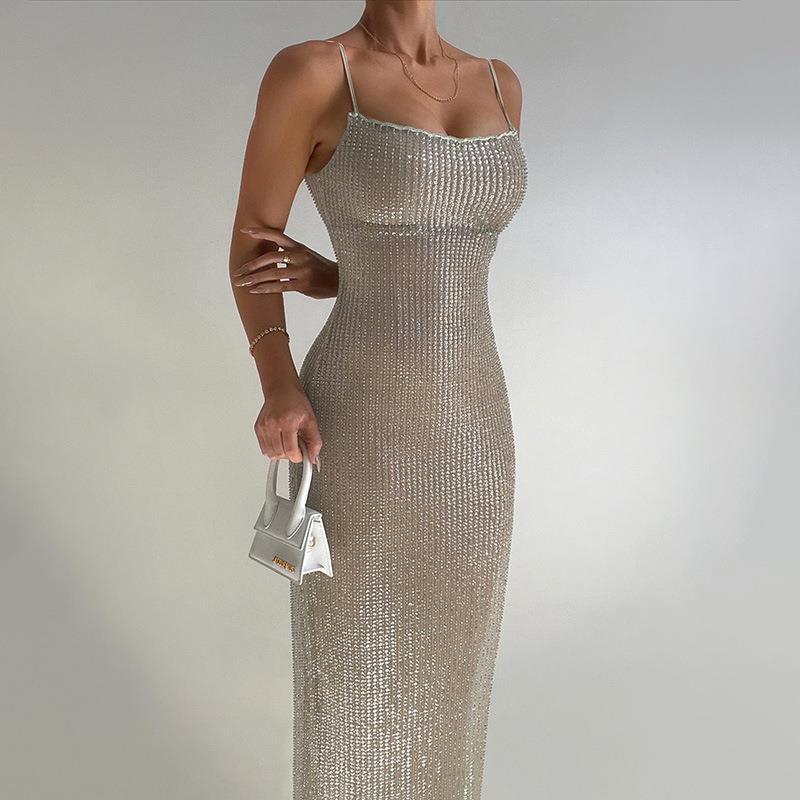 Square Neck Sleeveless Knit Fitted Embellished Dress