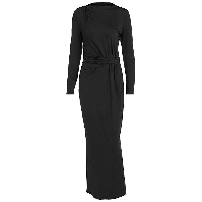 Round Neck Sleek Ruched Polyester Dress