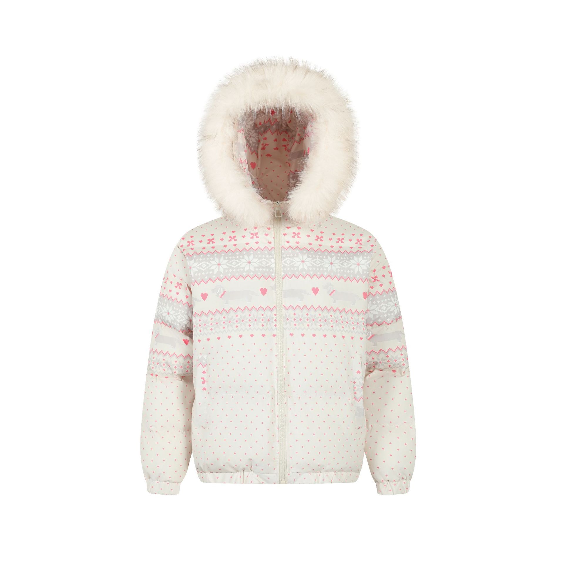 Hooded Fair Isle Detachable Fur Collar Cotton Coat Warm Outerwear