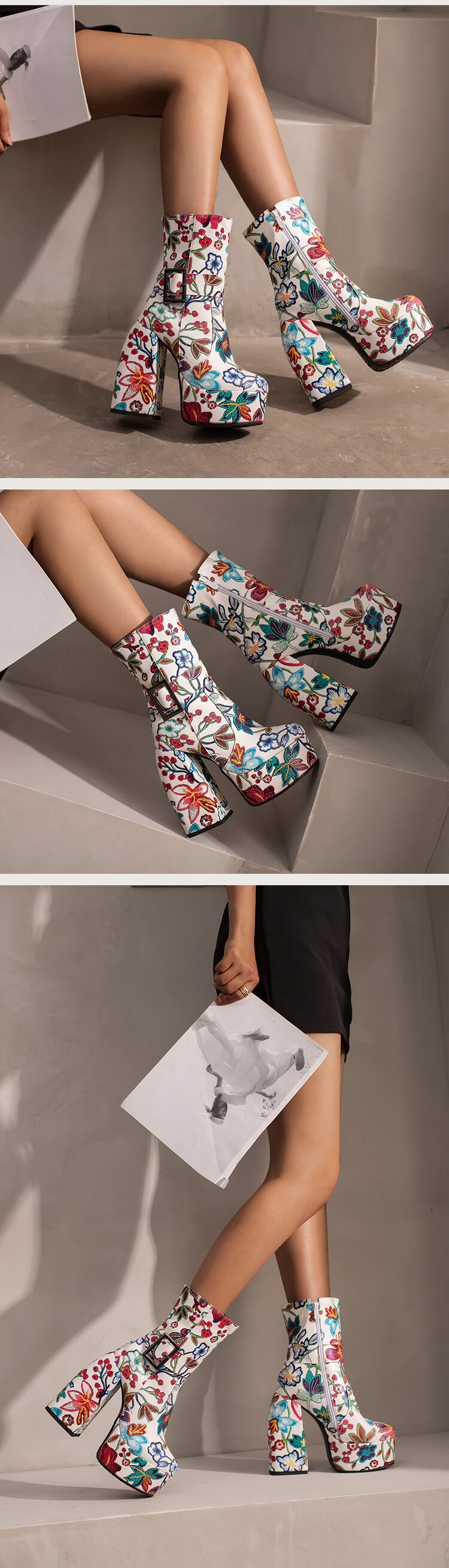 Women's Winter New Fashion Embroidery Pattern Thickened High-heeled Thick-bottomed Round Toe Side Zipper Ankle Boots