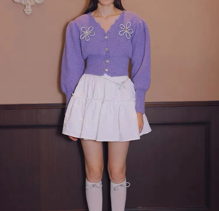 Cotton Violet Bow Plunging Balloon Cardigan