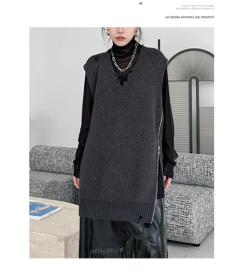 Women Sweater V-neck Asymmetry Sleeveless Knitting Vests Fashion Loose Long Dark Gray Autumn And Winter Sweater Vests
