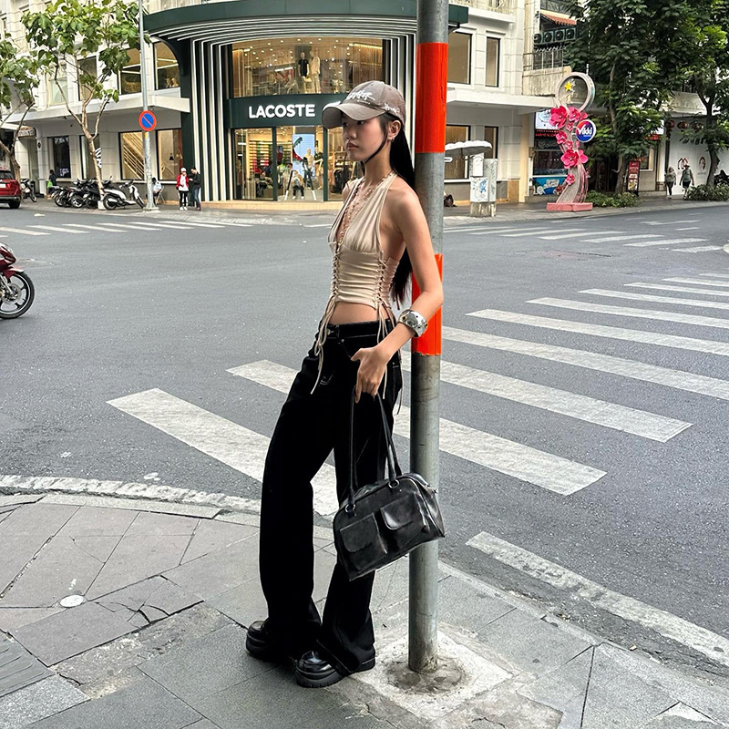 Deep V-belt vest hanging neck slim fit versatile top for women