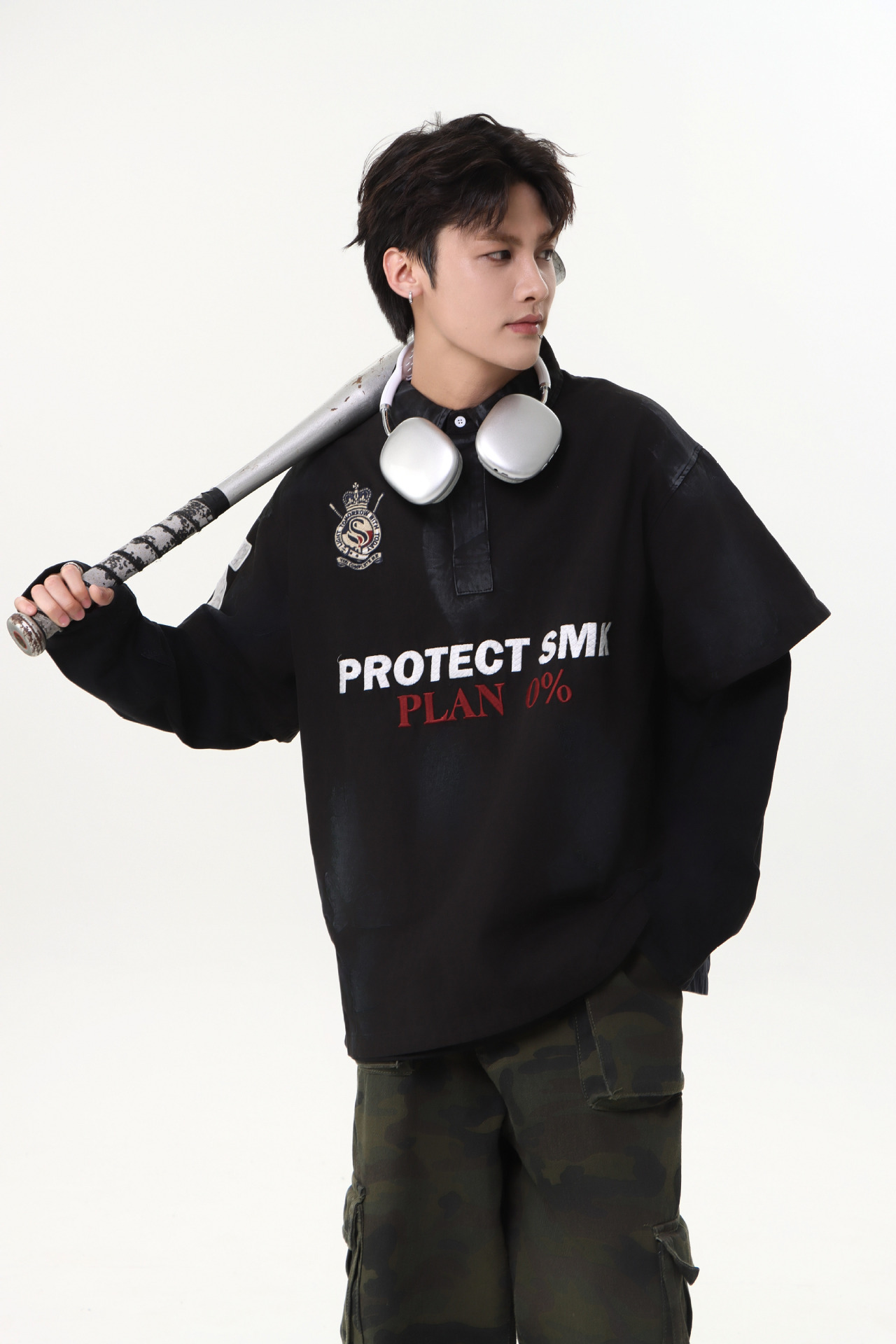 Heavyweight Cotton Long Sleeve Faux-Layered Button-Up Letter Hoodie