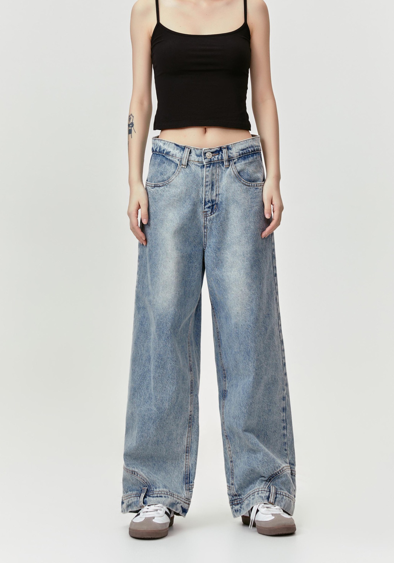 Inverted Reverse Design Washed Distressed Loose Straight Wide Leg Jeans Trendy