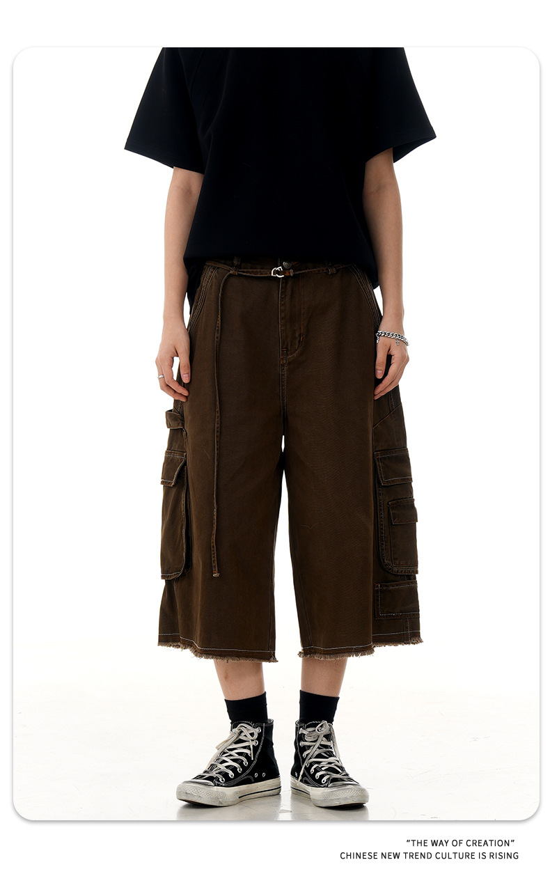 Multi-Pocket Workwear Capri Pants for Men and Women Summer Vintage Washed Loose Fit Wide Leg Casual Shorts