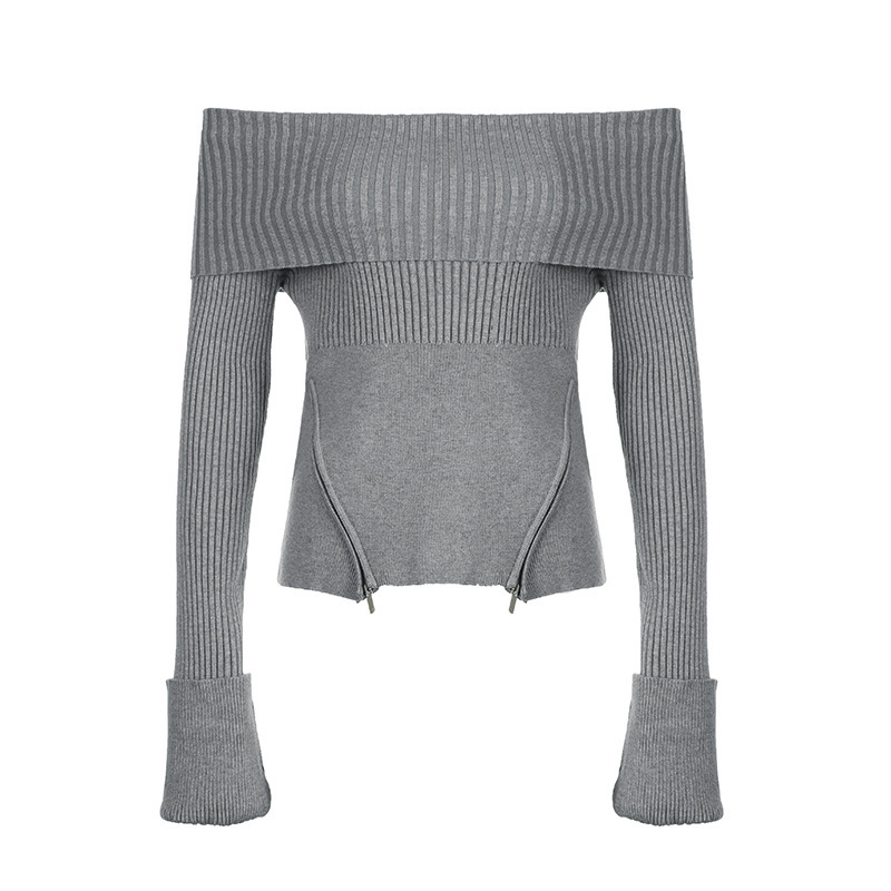 Woolen Bardot Zip Blush Plain Full Sleeve Sweater