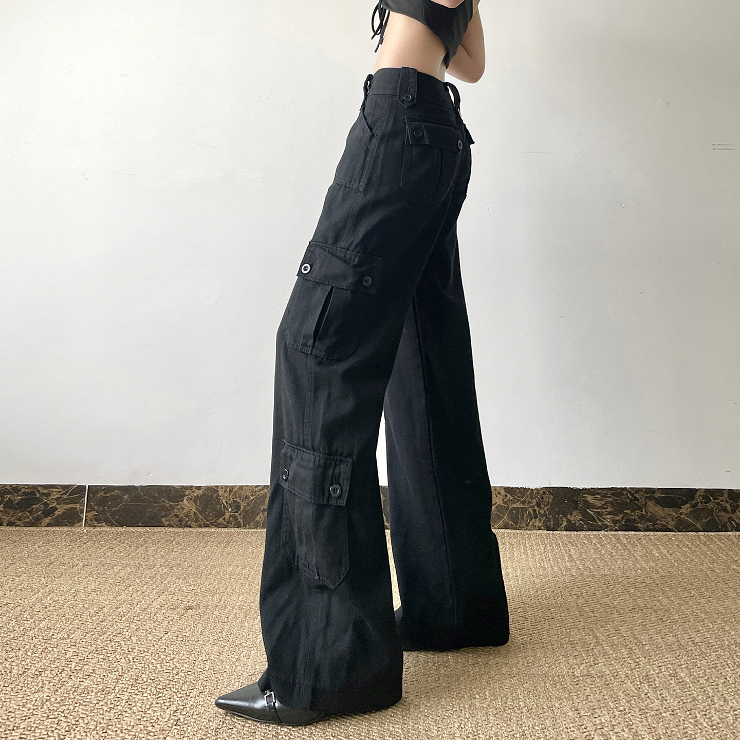 Low waisted workwear women's double row buckle multi pocket splicing straight leg wide leg jeans