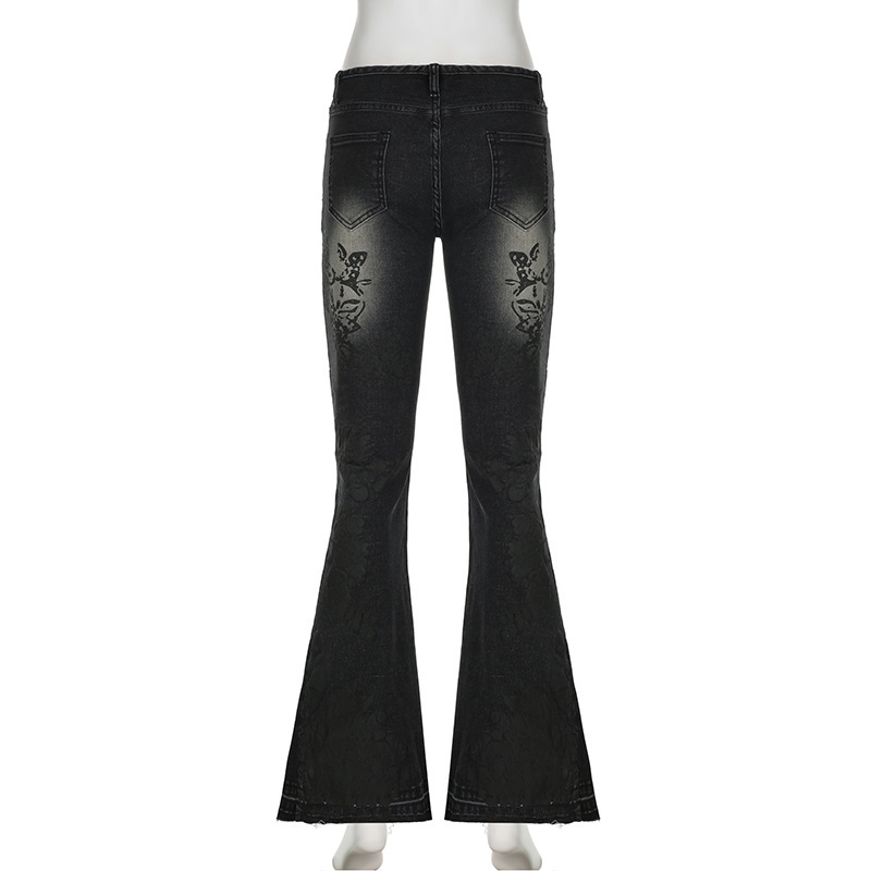 Retro plant print washed water slim fit and slimming flared jeans