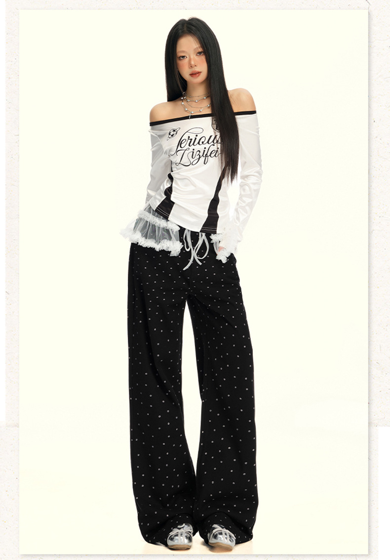 Women's Black and White Polka Dot Slimming Loose Straight Jeans High Waist Wide Leg Pants
